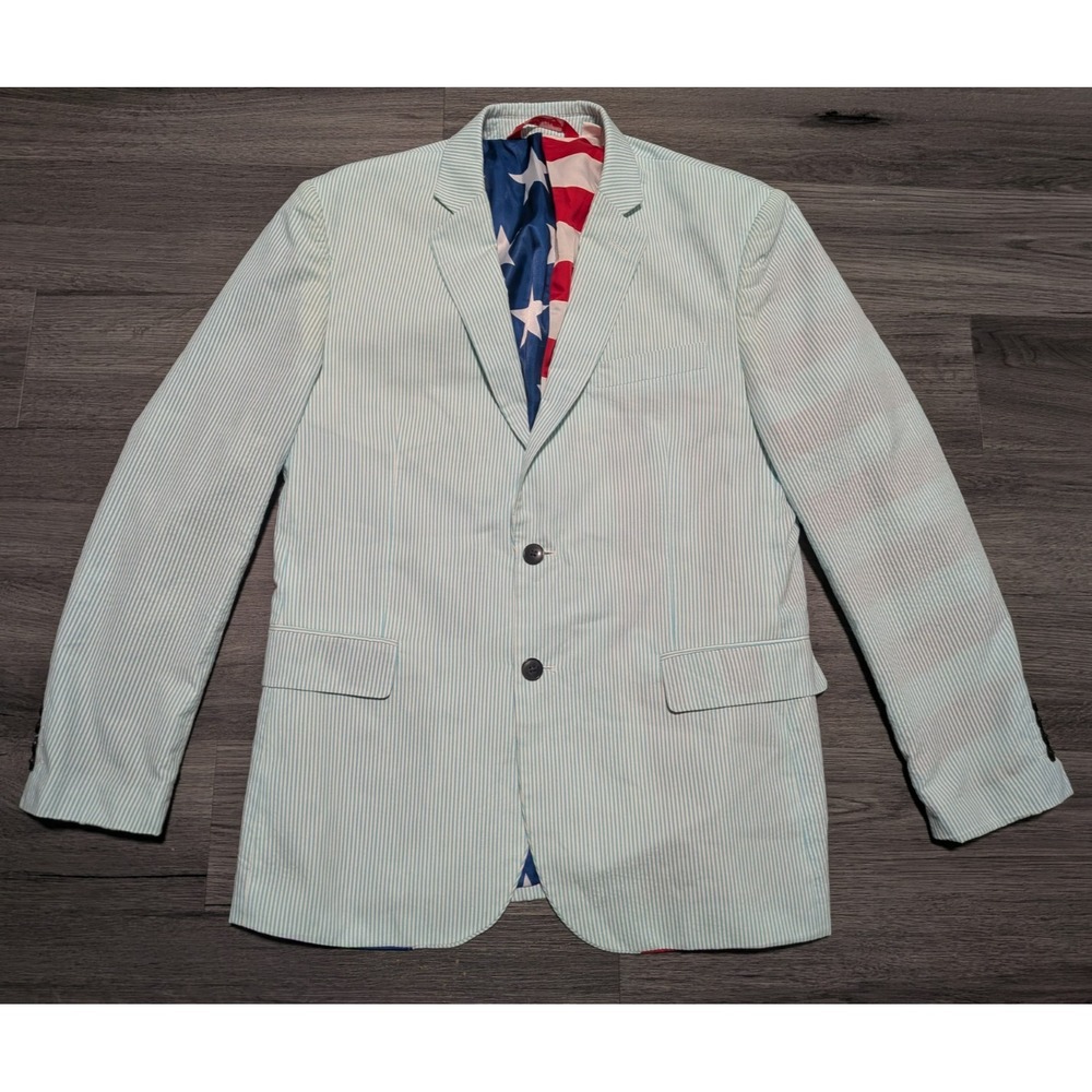 Shinesty Men's Seersucker Baby Azul American Flag‎ USA Striped Blazer Jacket 42R